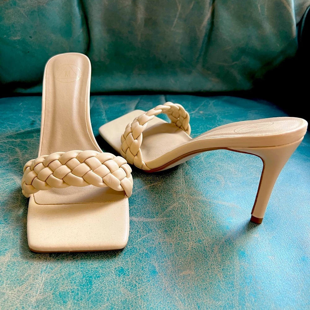 Nude Braided Square Toe Mid Heel Mules